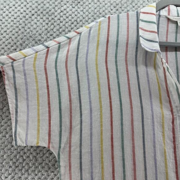Garner Hill Top Women 14 White Striped Rainbow Linen Button Front Short Sleeve - Picture 5 of 12